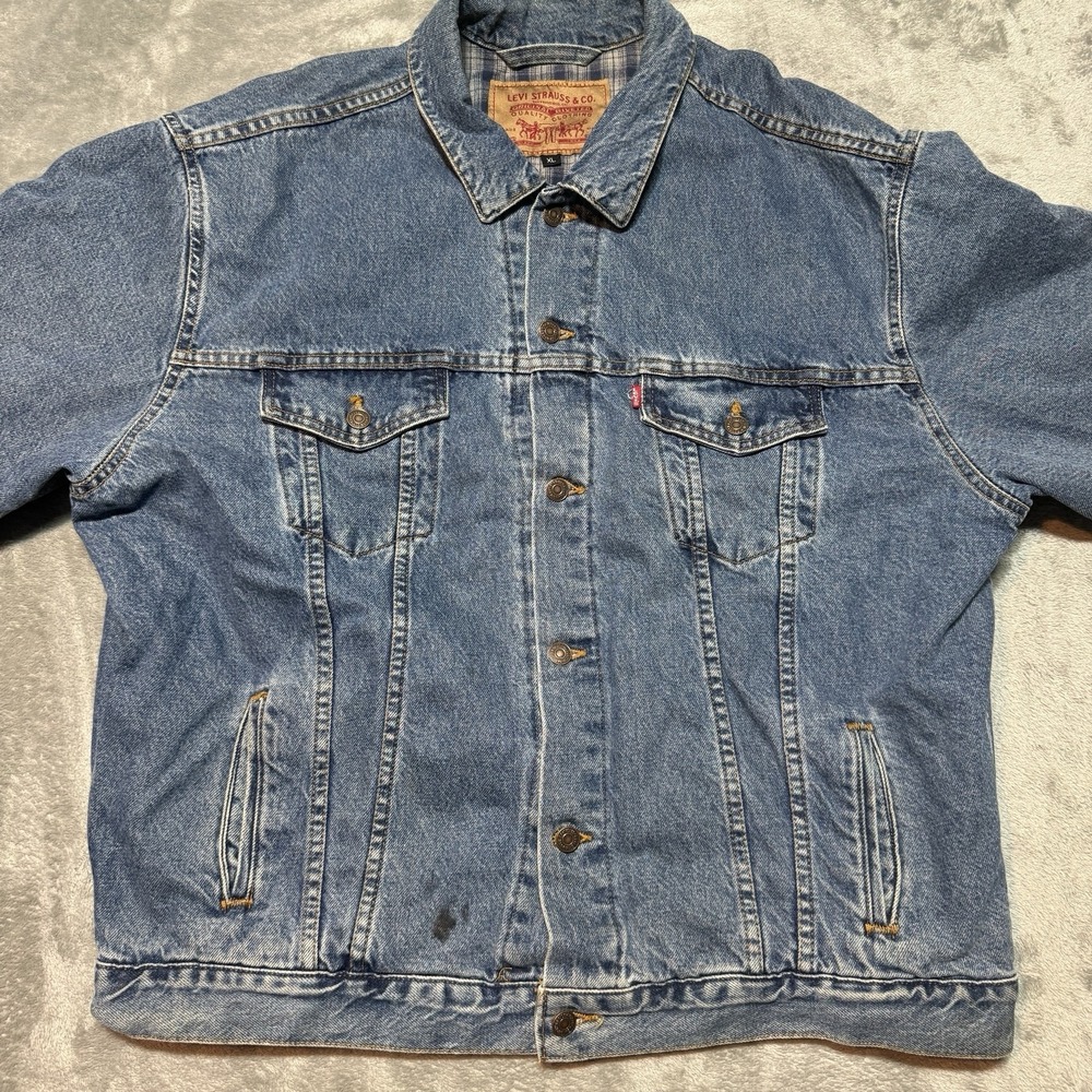 Vintage Levi's Plaid Lined Denim Trucker Jacket XL Made in USA 70699 Blue - Picture 4 of 13